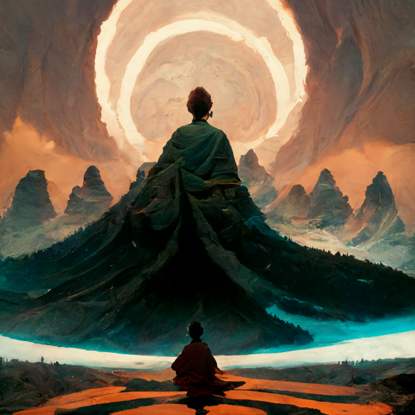 a monk sits before a gigantic mountain-statue of a monk, with a double halo around its head