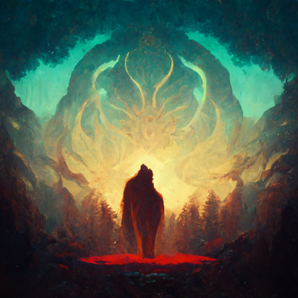 a red creature rises out of a pool of blood in front of a majestic sky