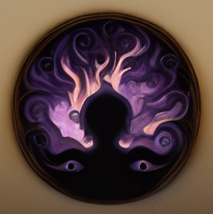 a shadow of a human surrounded by volatile smoke of purple, lavender, and gold
