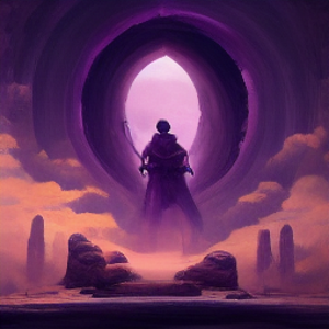 a purple silhouette stands above an orange mist