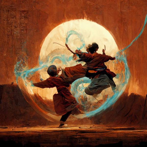 two monks spar at sunset, leaping in a dance of air and water