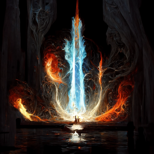 a huge column of blue and white flame explodes upward to the sky