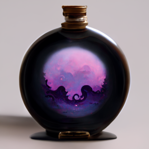 a round vial with a black liquid and a swirling purple nebula in the center of the liquid