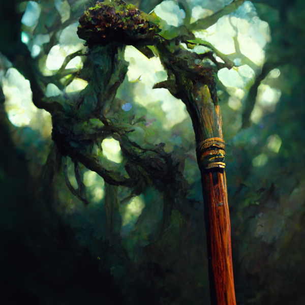 a wooden staff transforms into a living branch
