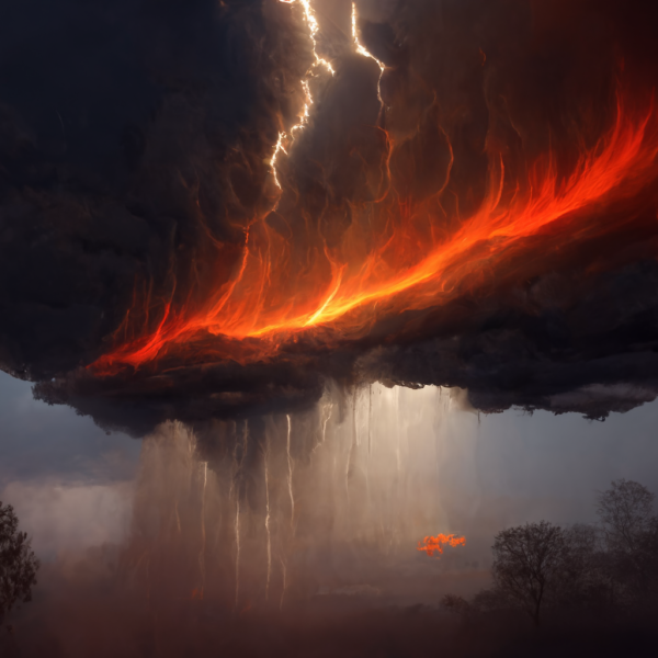 a firey sky pours lightning down like rain