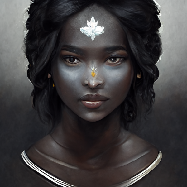 a serene diplomat with a lotus flower on her forehead