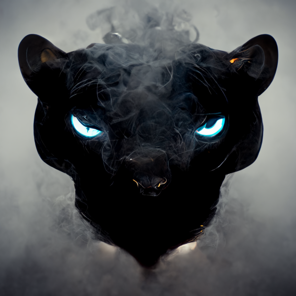 the head of a black panther with glowing blue eyes dissolves into smoke