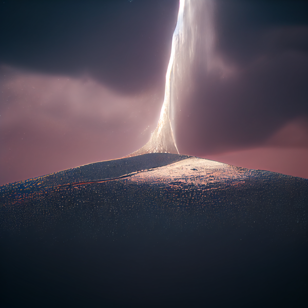 a gentle column of light descends from the sky and touches a shimmering, lavender sand dune