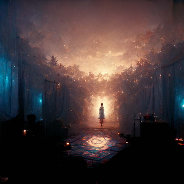 a girl stands before a glowing forest at night