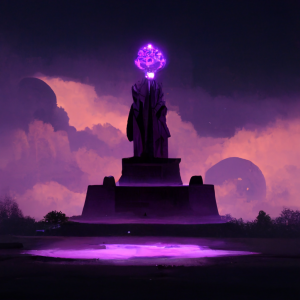 a colossal stone statue with bright purple energy surrounding the statue's head