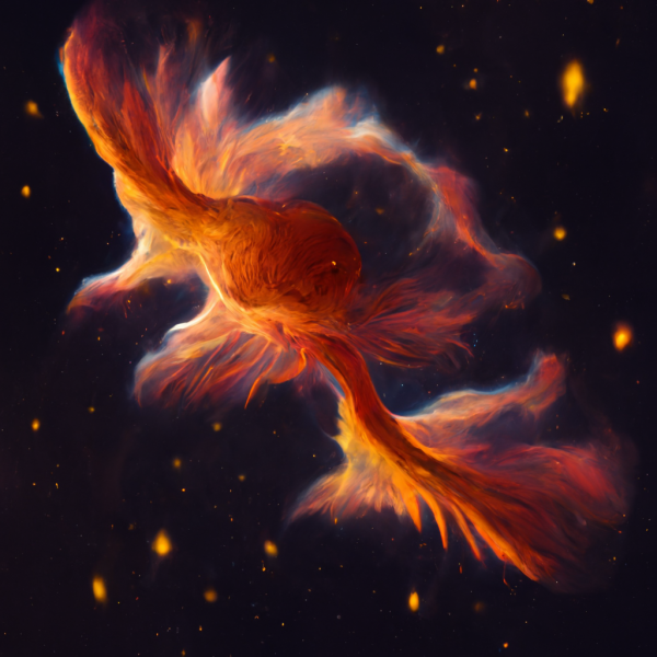 a nebula of fire in the shape of a twisting bird