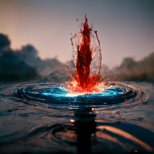 a splash of red fire in a bright blue lake