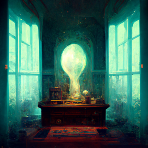 office study with green light pouring in the windows and a large keyhole shaped portal behind the desk