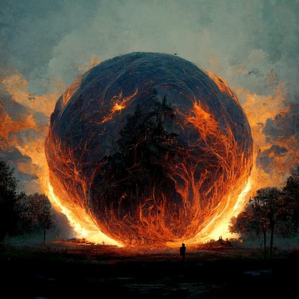 a dark blue sphere of shadow, burning in hot orange flames in a forest at sunset