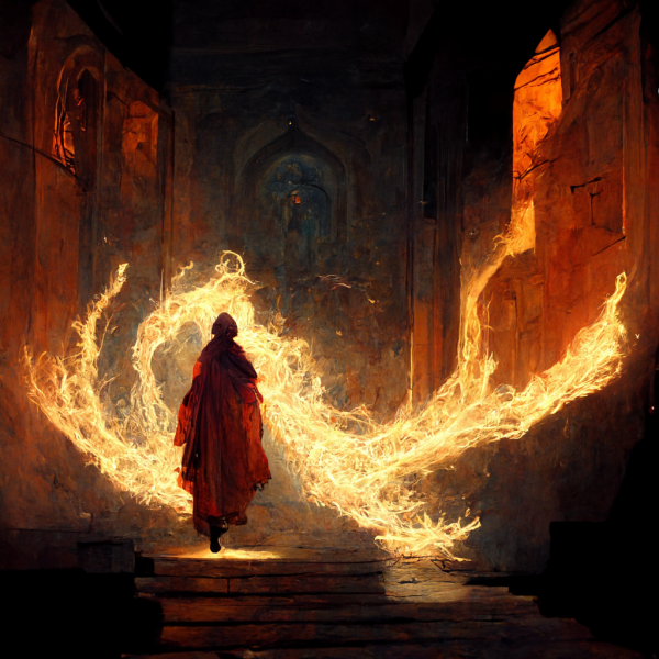 a pyromancer in red robes unleashes a twisting whip of flames