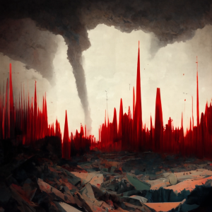 a destroyed scene with violent red streaks across the sky, vaguely resembling a seismograph 