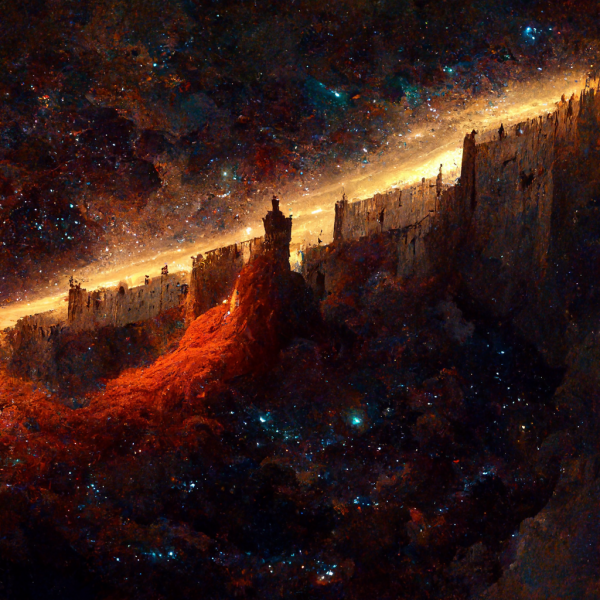 a castle rampart nebula floating high in the sky