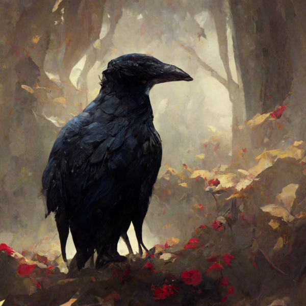 a raven perches in an autumnal forest