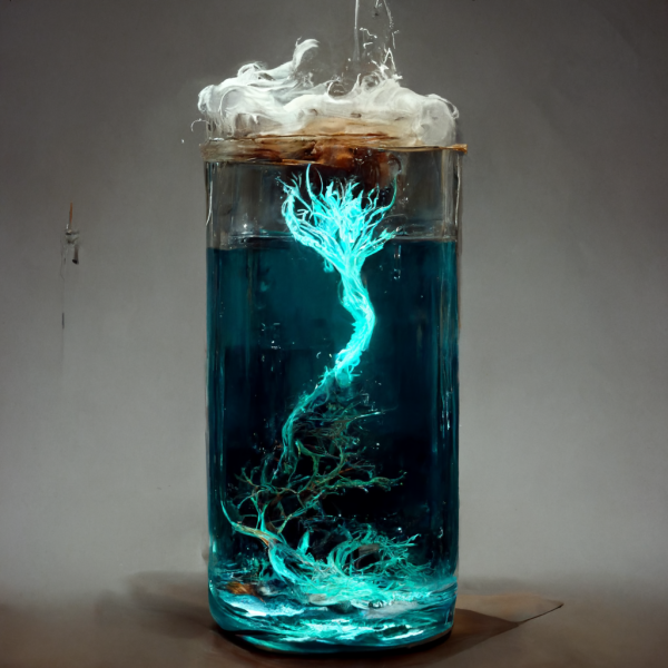 a bio luminescent tree in a smoking beaker of blue liquid