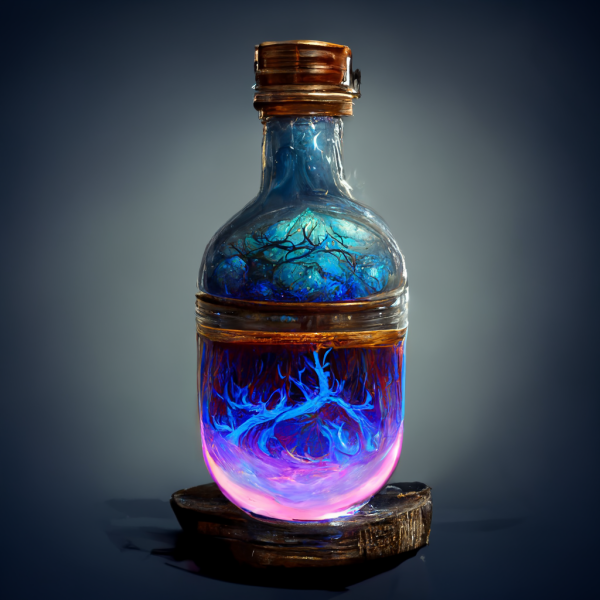 a bottle of glowing, swirling liquid