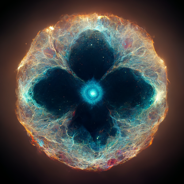 a blue and gold nebula with a bright center and a flower shaped void around the center