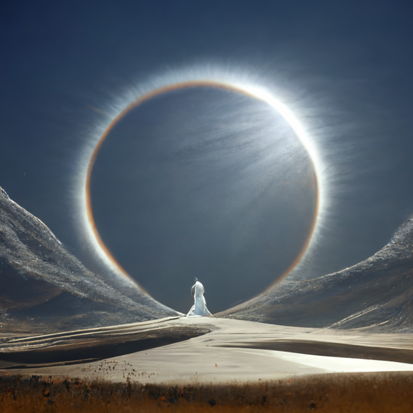 a person stands on a distant snowdrift, enshrined in a colossal halow of ice and light