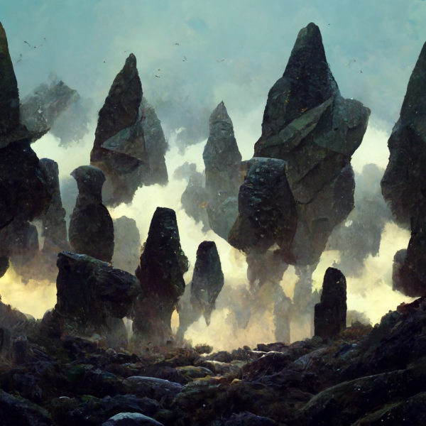 a misty garden of razor sharp rocks