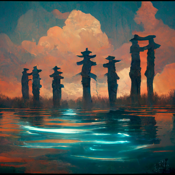 The sun sets over traditional tombstones next to a serene, glowing lake