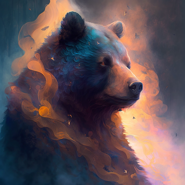 a bear stands, among a swirling green energy