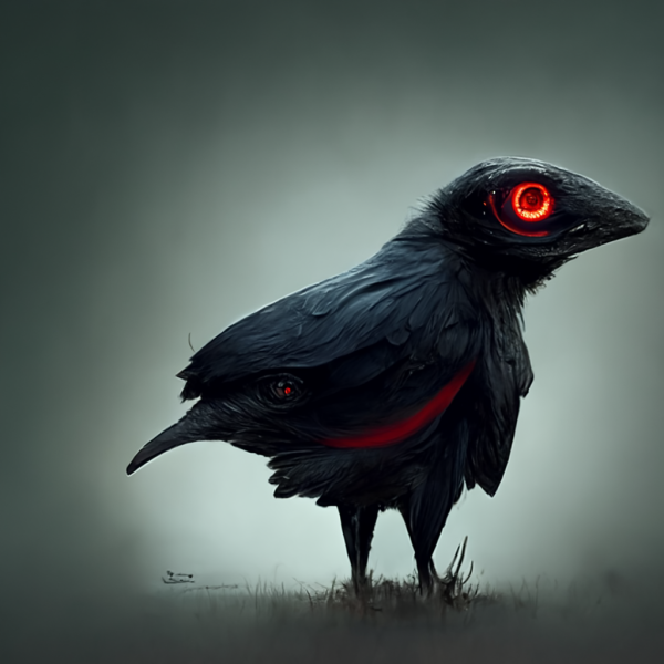 a raven shifts its form with bright glowing eyes