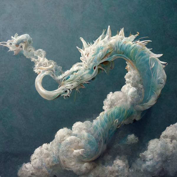 a twisting teal dragon of clouds