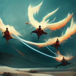 leaping creatures connected by currents of air, subtle blues and whites