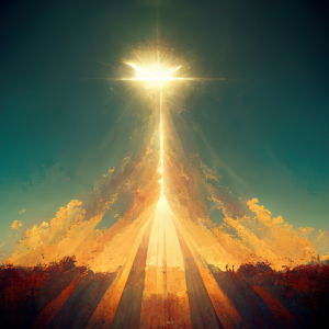 brilliant beam of light descending down from the sun, thin at first and widening out into many beams