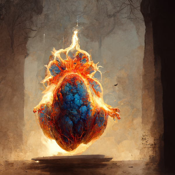 a burning blue heart drips lava