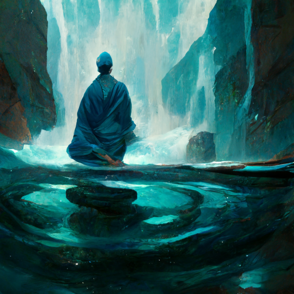 a monk meditates by a serene pool of water fed by a soothing waterfall