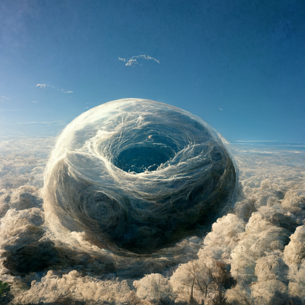 a sphere of shifting clouds among a bed of cumulus clouds