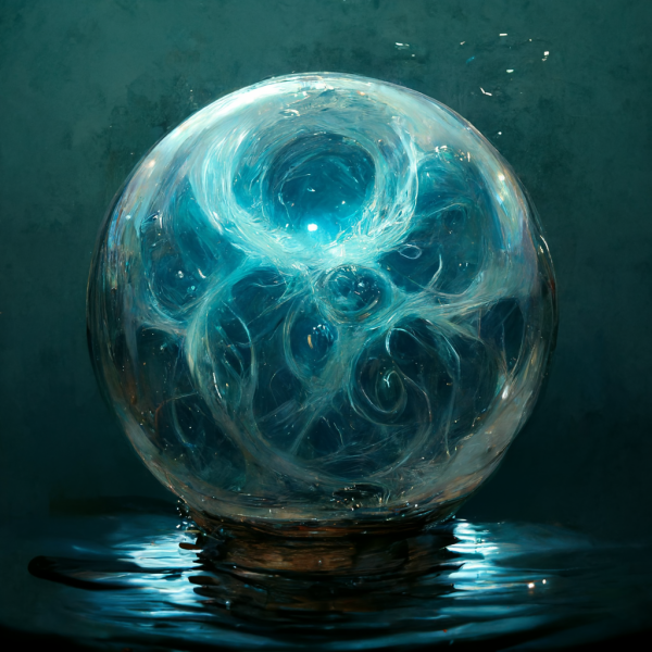 a sphere of water rests on a serene surface