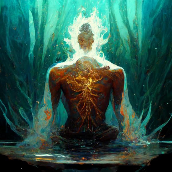 an elemental stands waist dep in a pool, bathed in healing energy