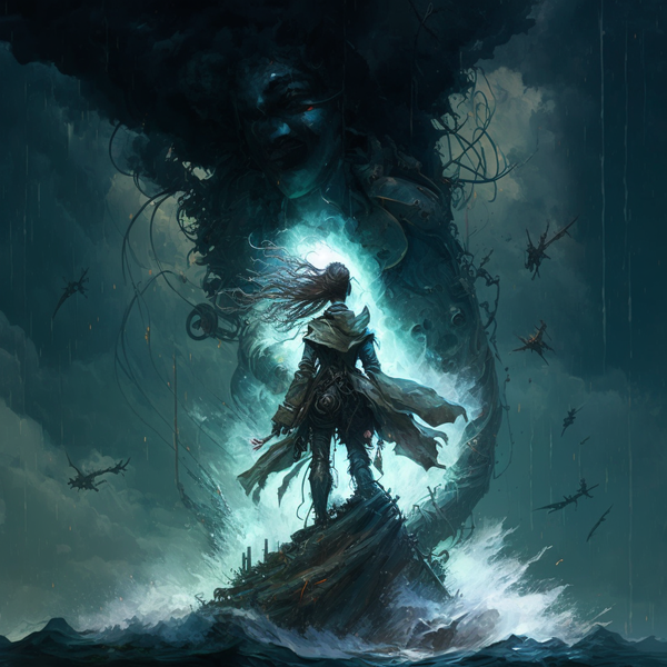 a hydromancer rides on a rolling twist of water spouts