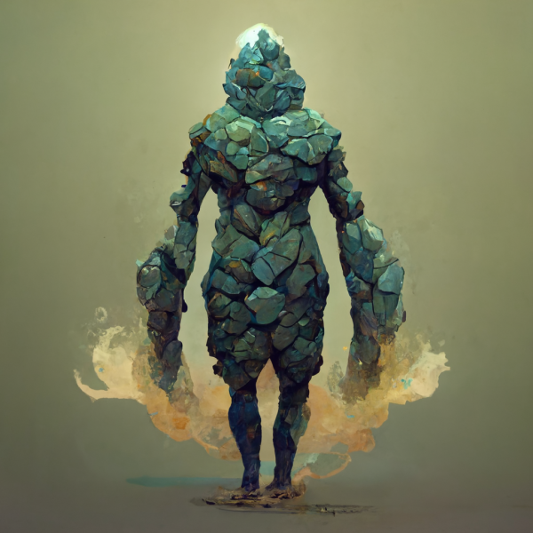 an earth elemental encased in hundreds of jade colored stones