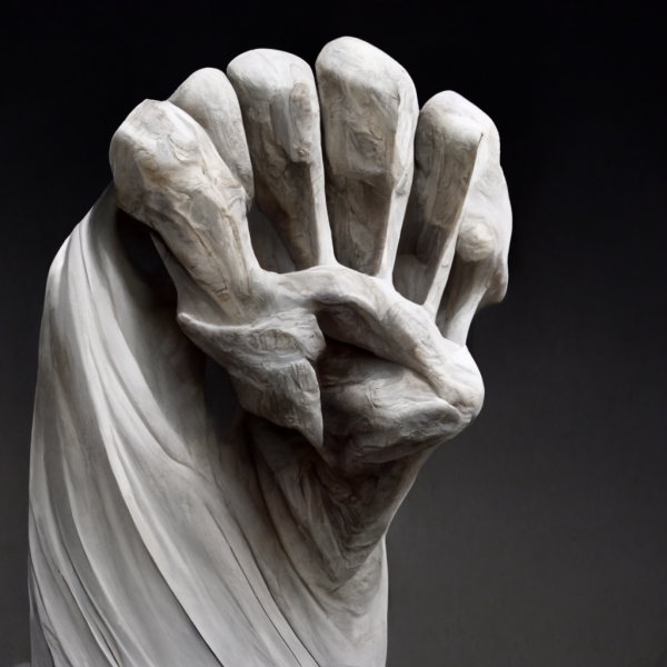 a hand carved out of marble with a closed grip