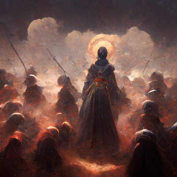 An envoy stands undisturbed among a chaotic battlefield