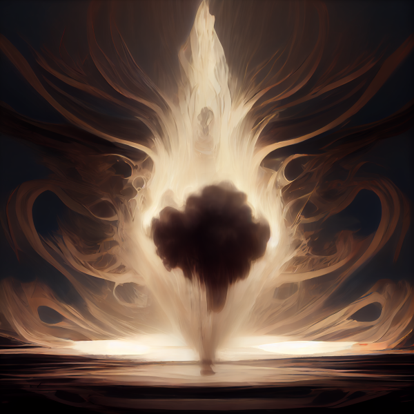 a dark cloud hovers in the middle of a bright vortex of light and wind