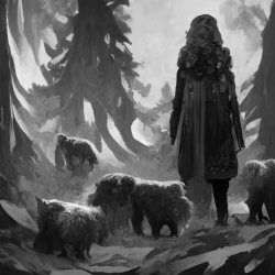 woman and her animals in the forest, black and white