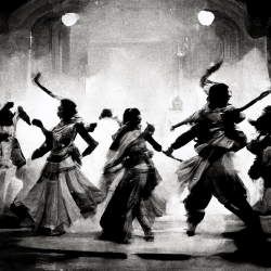 busy dancefloor with dancers all in step, black and white