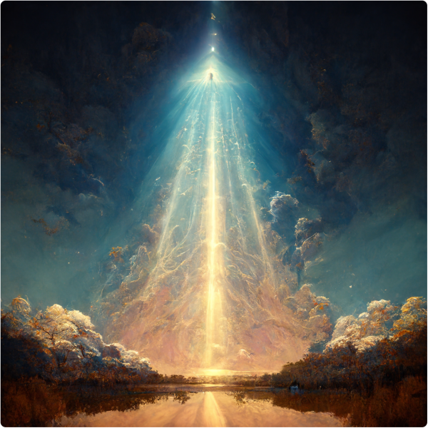 a beam of blue and gold light towers above a lake in the countryside