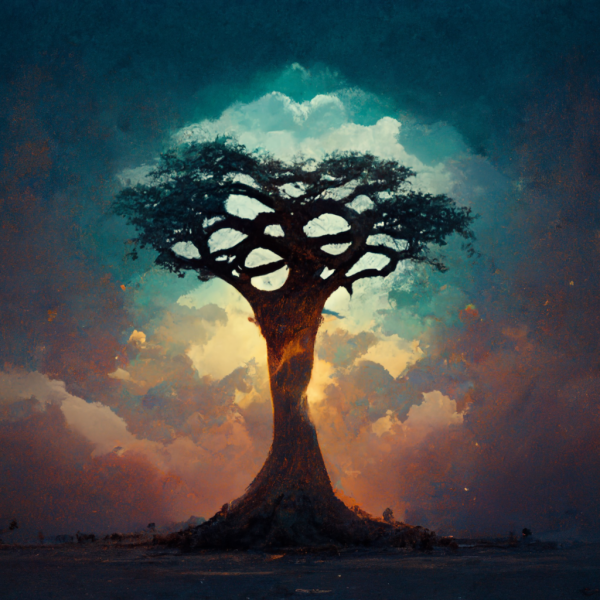 A silhouette of a tree against a blue and gold sunset