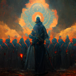 soldiers stand in lockstep behind their general