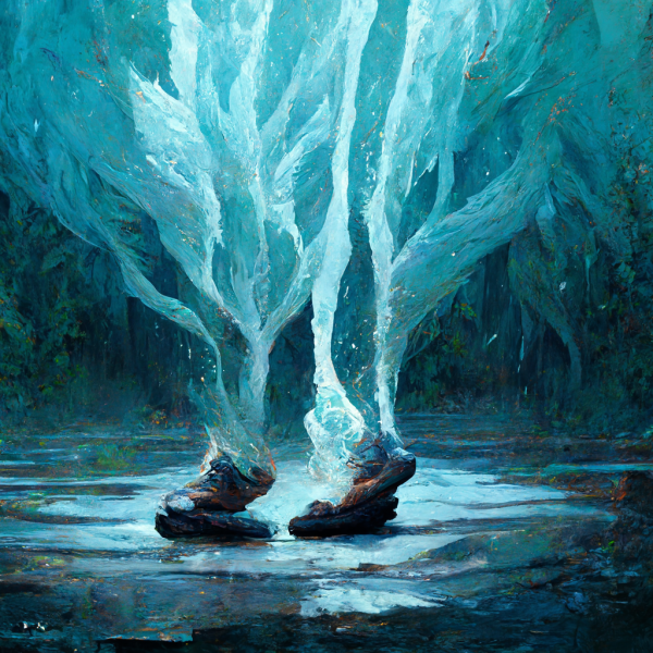 two shoes stand on a sheet of ice, and vaporized water flows up out of them