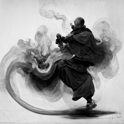 a warrior leaps backward, trailed by smoke, black and white